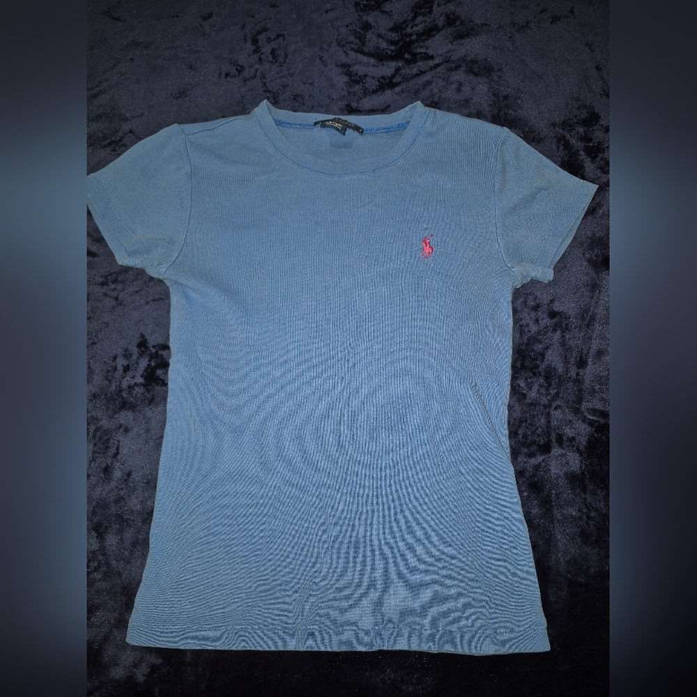 Ralph Lauren Light Blue Tee with Pink Emblem